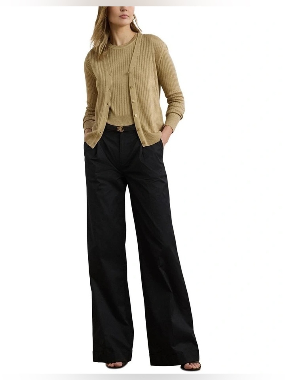 NWT Lauren Ralph Lauren Tan Knit Linen Blend V-Neck Cardigan Size Large $165